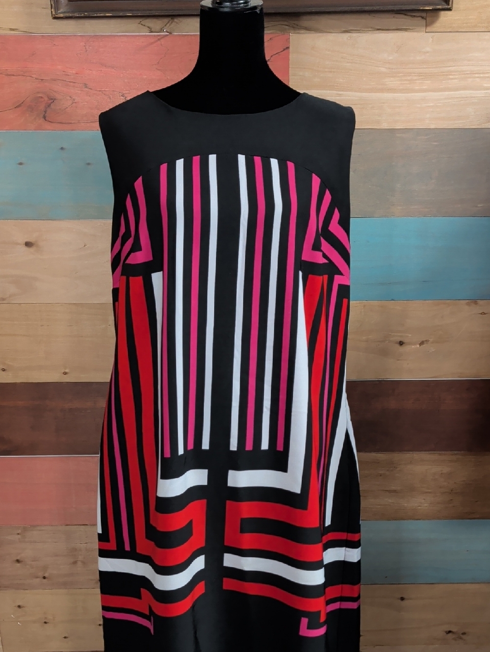 Sleeveless Black Midi Dress with Pink & Red Stripe Print